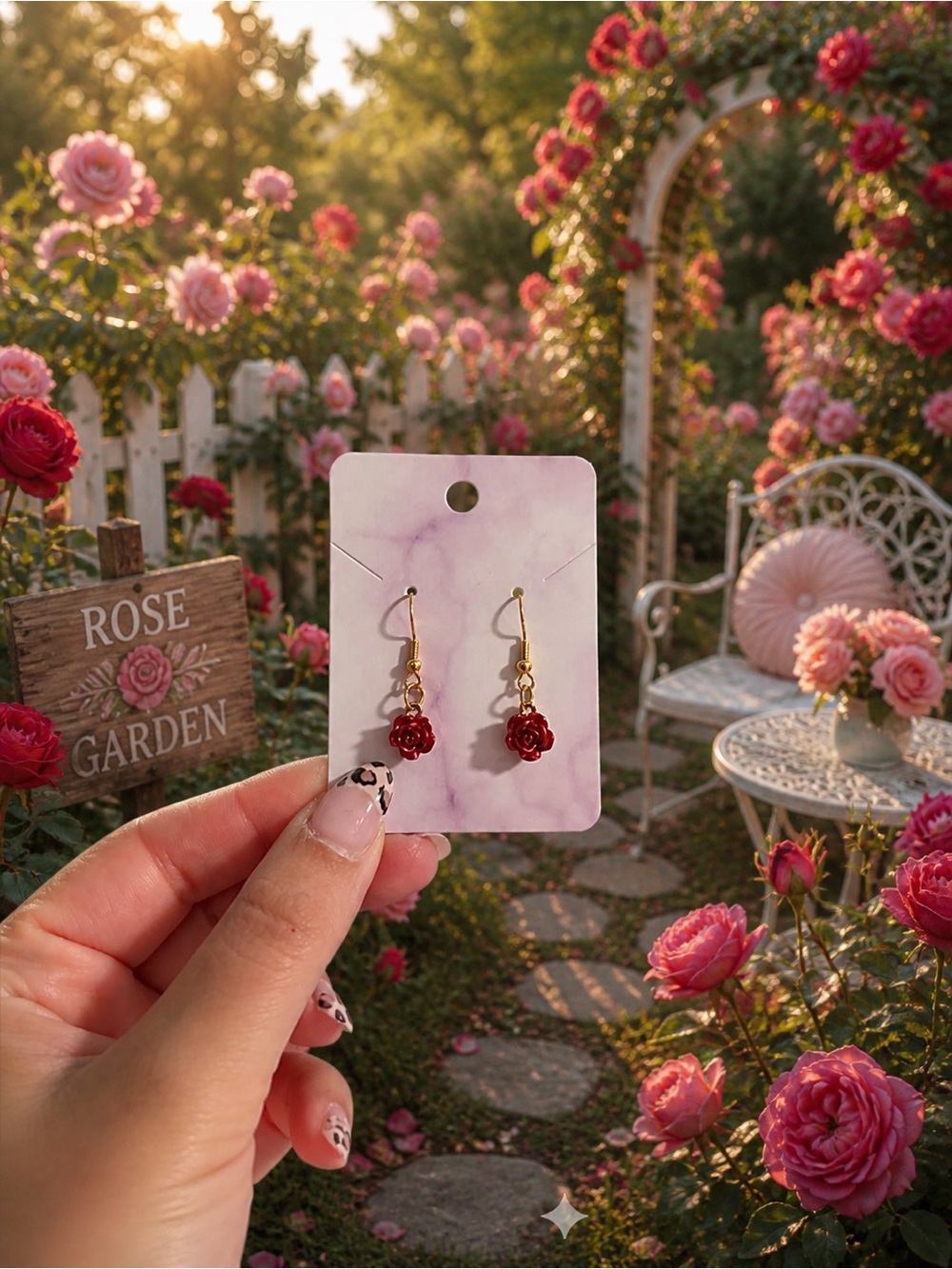 ✨Handmade Gold and Pink Rose Earrings